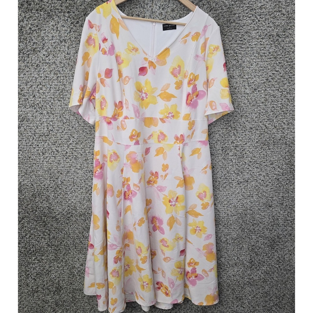 Lane Bryant Dress Womens Plus 24 Yellow Pink V Neck Belt Short Sleeve Ladies